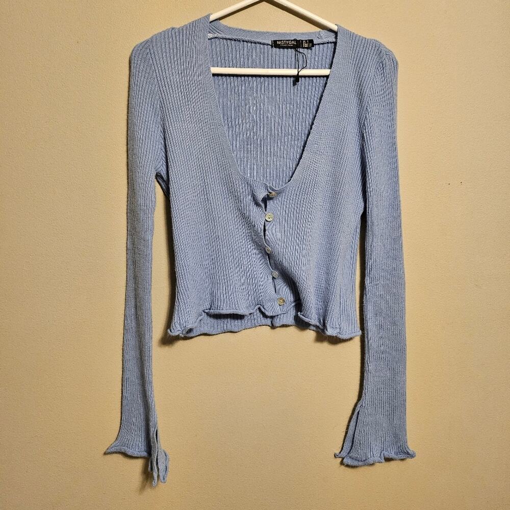 Nasty Gal Cropped Baby Blue Button Up Ruffle Lettuce Hem Cardigan Size 2